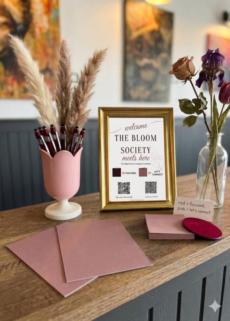Bloom Society co-working welcome table with dried florals and branded signage — Moraea Co. community events in Katy and Houston TX