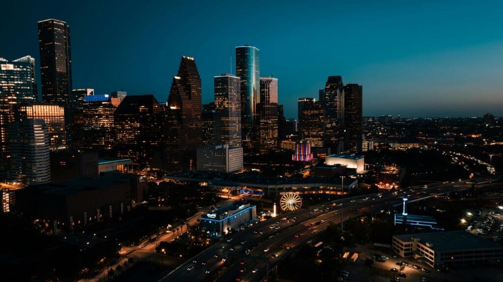 Houston Texas skyline at night — moving to Katy TX and the greater Houston area