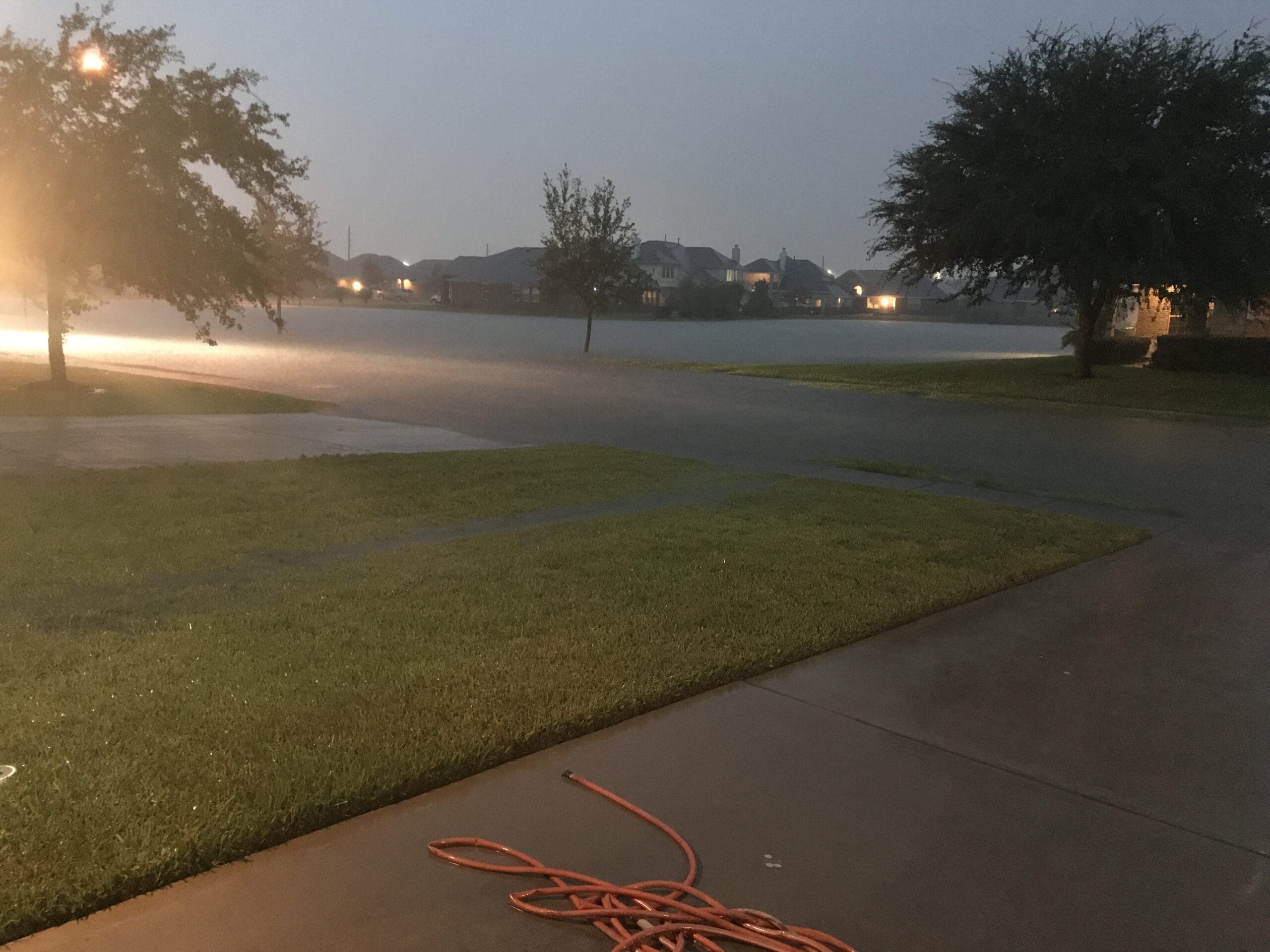 Flooded street in Katy Texas subdivision during Hurricane Harvey August 2017 — Houston area flooding and hurricane season